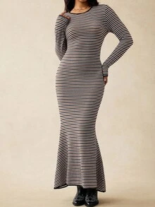 Boho Mama 孕妇条纹圆领长袖鱼尾下摆修身优雅连衣裙 - 棕色 - 查看 10