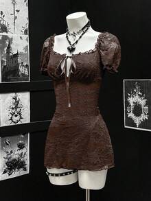 EgrlEra Women's Sexy Lace Fabric Waist-Cinched A-Line Mini Dress