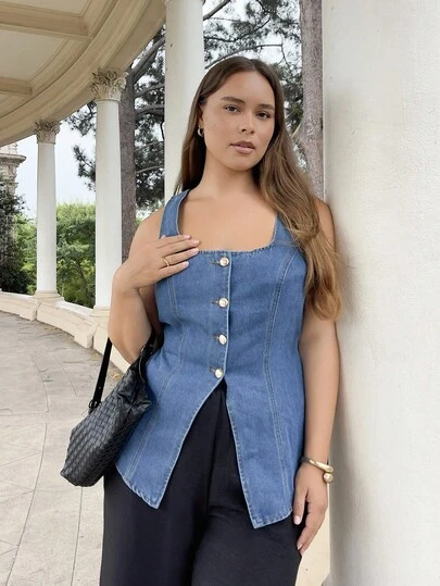 Nezia Cruz 女式方领单排扣无袖休闲牛仔上衣