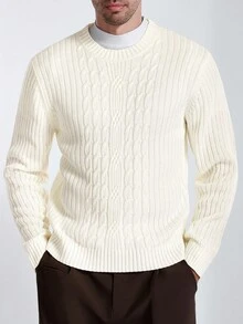 Manfinity CityGents Men's Casual Solid Color Knit Sweater, Autumn/Winter - White - View 3