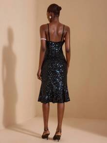 JIAN LASALA Vestido de fiesta con escote en V, tirantes de espagueti, estampado de lentejuelas, malla, bajo de cola de sirena, vestido corto sexy negro con lentejuelas, vestido midi con lentejuelas brillantes, vestido de cóctel brillante, vestido con brillo, vestido midi sin mangas negro con lentejuelas, vestido brillante, vestido de cóctel midi con lentejuelas, vestido de lentejuelas, colección de ropa de lujo y elegante - Negro - Ver 3
