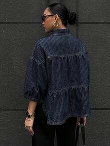 DAZY Women's Turndown Collar Puff Sleeve Loose Casual Denim Blouse - Dark Wash - View 2