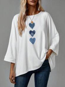 EMERY ROSE Women's Blue Heart Print Crew Neck Long Sleeve Top