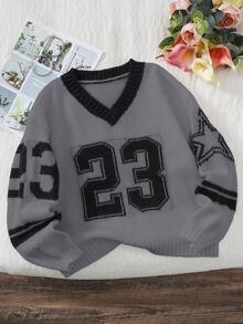 SLAYR Tween Girl Tween Girls' Casual Comfortable Black & Grey Numeric V-Neck Loose Knit Sweater Autumn Winter Clothes FGirlmen - Grey - View 3