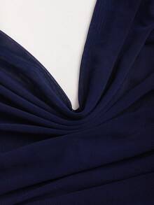 Sweetra Sexy Turtleneck Metal Buckle Ruched Backless Halter Dress - Navy Blue - View 5