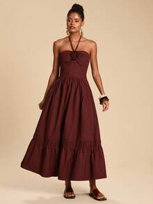 Travachic Women's Elegant Burgundy Backless Halter Dress,Summer Vacation Winery Maroon Dress,Luxury Evening Dresses For Wedding,Thanksgiving New Year Outfits - Coffee Brown - View 4