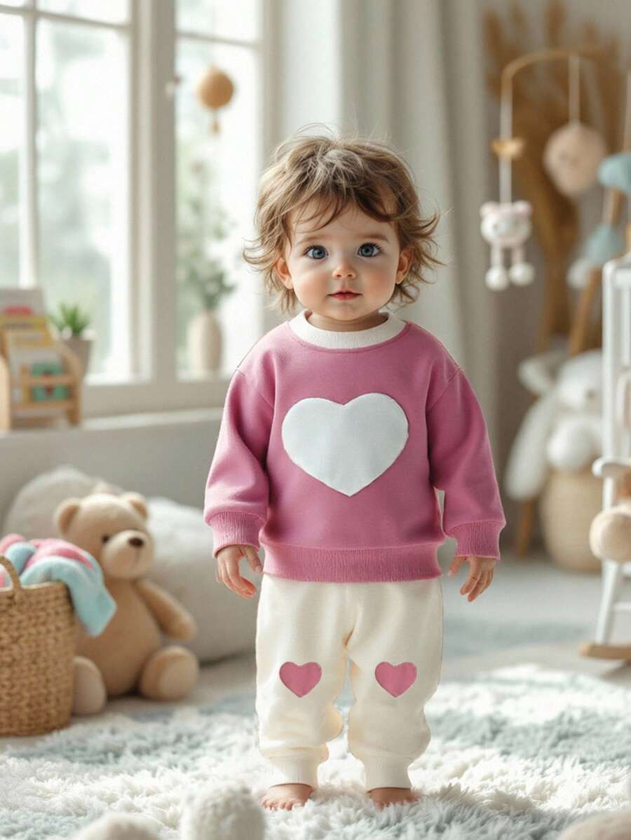 SHEIN Set Baju Sweatshirt Lengan Panjang Rajut Motif Hati Lucu untuk Bayi Perempuan, Musim Gugur/Musim Dingin - Dusty Pink - View 1