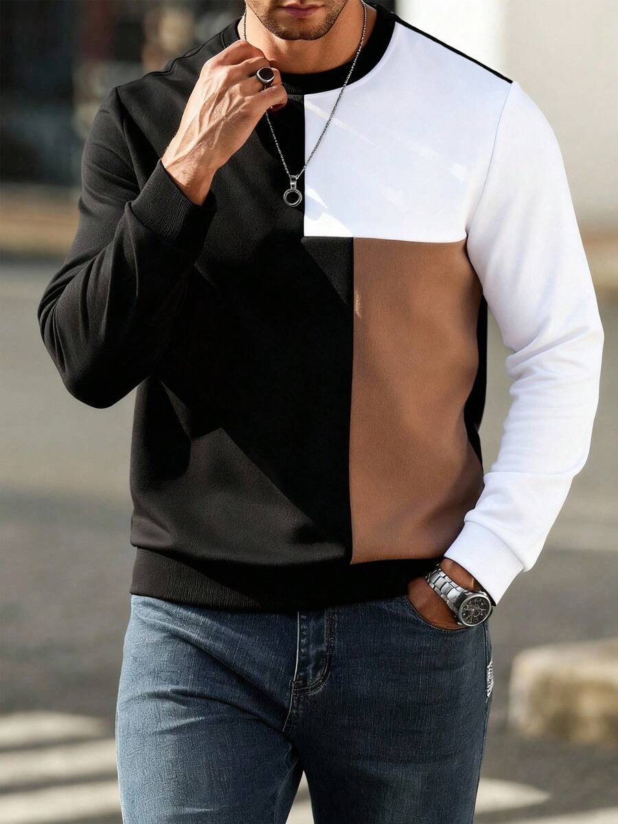 Manfinity Homme 男士休闲撞色拼接卫衣，秋冬套头衫，长袖上衣 - 彩色 - 查看 1