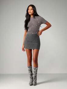 MISSGUIDED 优雅针织水晶泪珠装饰短袖上衣冬季节日派对俱乐部晚装 - 深灰色 - 查看 4