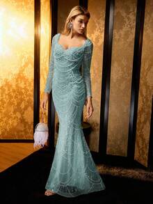 MOTF Soiréza 优雅长袖串珠仿珍珠美人鱼下摆超长晚礼服，适合晚会、正式活动和特殊场合 - 綠色 - 查看 4