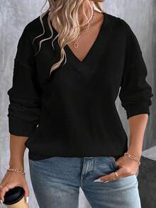 EMERY ROSE Áo thun cổ tròn họa tiết tổ ong cỡ lớn, đơn giản & thời trang, Thu/Đông - màu đen - Xem 3