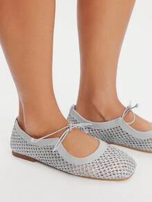 Styleloop 女士银灰色编织网眼面料一脚蹬结饰平底鞋，度假风格波西米亚西部音乐节派对装厚底 - 銀色 - 查看 6