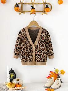 SHEIN Babygirl 秋冬时尚豹纹撞色长袖开衫 - 棕色 - 查看 10