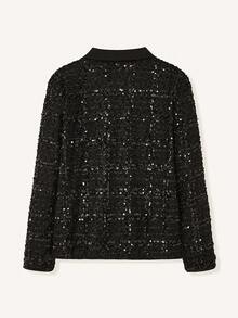 lacRébo Camisa de tweed con lentejuelas negras, cuello de satén y cierre delantero con botones, top premium para salir de noche, fiesta de Año Nuevo, estilo francés y parisino - Negro - Ver 7