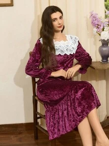 Côtesoire 法式优雅蕾丝和天鹅绒拼接宽松腰部长裙，迷人女士睡袍秋冬复古女士连衣裙女士睡袍女士天鹅绒连衣裙 Momo 连衣裙睡袍紫色睡袍 - 淺灰紫 - 查看 5