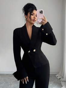 Chiquease Women's Elegant Black Tweed Overcoat,Autumn Office Formal Evening Lapel Long Sleeves Metal Button Waist Folded Sleeves Commuting Professional Attire - Black - View 5