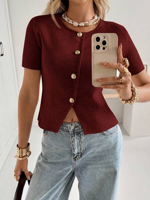 Siren Gaze Women's Casual Solid Color Button-Up Short Sleeve Lightweight Cardigan,Christmas Red