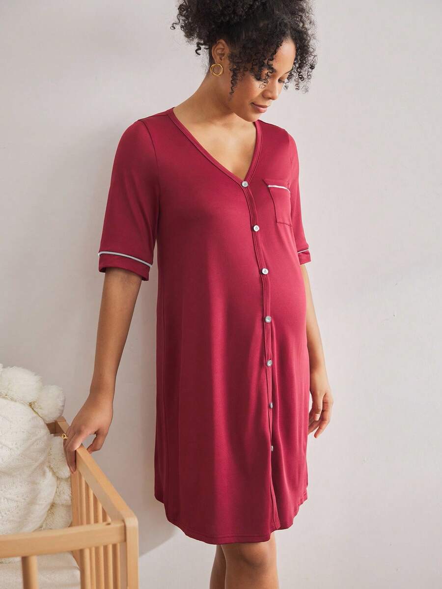 BloomMama Maternity Loungewear - Short Sleeve Top + Knee-Length Jumpsuit Lounge Dress Sleep Wear Women Dress Women Pajama Dress Button Up Nightgown - Burgundy - View 1