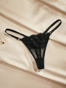 Charlaine 花卉蕾丝丁字裤性感内衣 - 黑色 - 查看 3