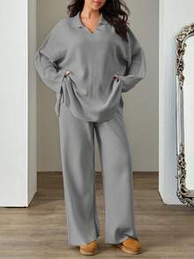 EURMUSE Plus Size 2pcs/Set Solid Color Turn-Down Collar Sweater And Long Pants Outfit - Grey - View 3