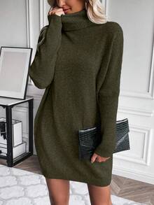 SHEIN LUNE Women's Fashionable Casual Turtleneck Short Sweater Dress - Green - View 6