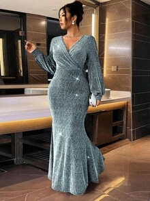 Cravure Vestido de sirena con adorno de cintura de cristales brillantes, elegante y de moda para fiesta, vestido largo para mujer - Agua verde azul - Ver 5