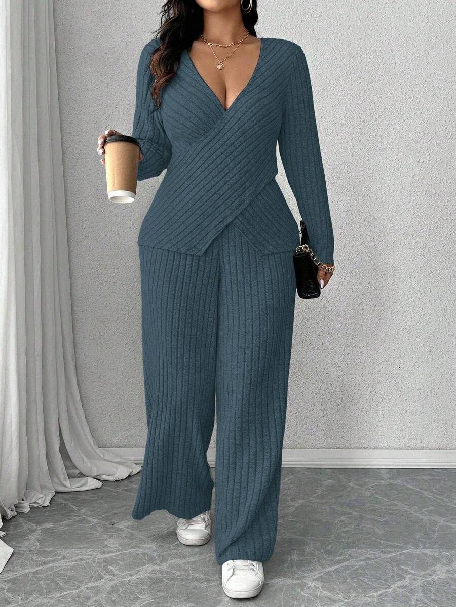Calvaya Plus Size Soft Knit Ribbed Fabric Criss-Cross Long Sleeve T-Shirt + Soft Ribbed Wide Leg Pants Casual Homewear 2 Pieces Set - Dusty Blue - View 1
