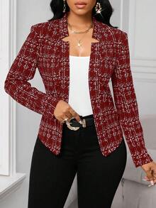 SHEIN Lady 2025新款女士优雅格纹印花开襟酒红色西装外套，适合秋冬季节穿着，圣诞节、感恩节、冬季、女士冬季外套、女士冬季大衣、女士正装。 - 酒紅色 - 查看 3