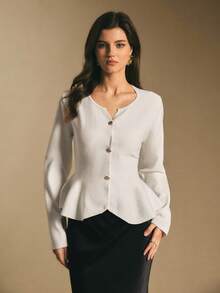 Poéselle 女式优雅荷叶边下摆金属单排扣长袖开衫，秋季 - 白色 - 查看 3