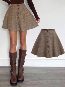 Serisse Kids Tween Girls' Casual Everyday Vintage Versatile Elegant Houndstooth Button Front A-Line Skirt, Collegiate Patterned Skirt, Khaki Skirts, Brown Skirt, Cute Skirt, Skirt Outfit