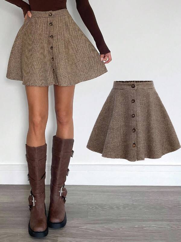 Serisse Kids Tween Mädchen Lässig Alltags Vintage vielseitige elegante Hahnentrittmuster Knopfleisten A-Linien Rock, Collegemuster Rock