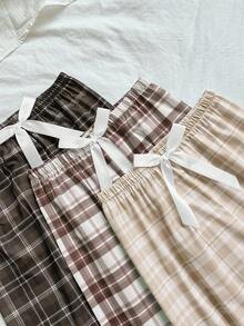 SHEIN 3件套女士休闲缎面蝴蝶结松紧腰格子印花睡裤套装，秋冬服装 - 彩色 - 查看 5