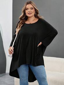SHEIN CURVE+ Camiseta holgada de manga de murciélago con bajo asimétrico, cuello redondo, unicolor, elástica, suave, cómoda, versátil, de moda, ropa de uso diario para mujer, otoño/invierno, tallas grandes - Negro - Ver 7