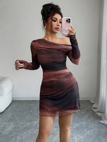Firerie Women's Elegant Minimalist Daily Commute Tie-Dye Print Mesh Long Sleeve Bodycon A-Line Mini Dress, Autumn/Winter New Year Clothes - Multicolor - View 8