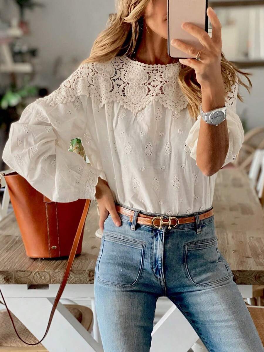 SHEIN Frenchy Women's Contrast Lace Round Neck Long Sleeve Blouse, Autumn,  Lace White Top,Hollow Embroidery Shirt,French Court Embroidery Patchwork Lace Shirt,Elegant French Office Shirt, White Western Top,Women's New 2025 Small Design Sense, Single Versatile Temperament, French Elegant, Delicate, French Style Dressing,Old Money,Simple, Office, Commuting, Elegant, Suitable For Daily Wear, Fall Clothes For Women,Autumn Outfits For Women, Clothes For New Year