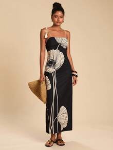 Travachic 优雅花卉印花亮片装饰露背吊带背心连衣裙，夏季 - 黑與白 - 查看 3