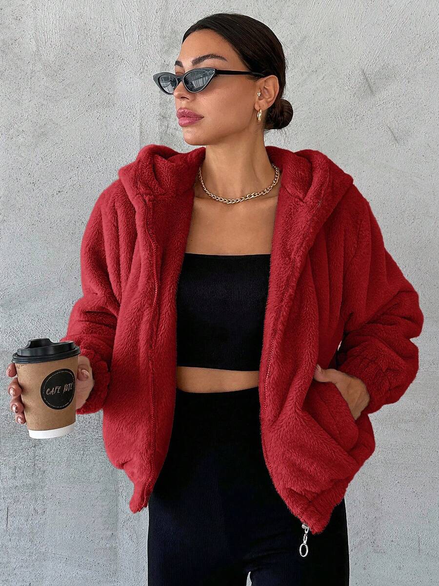 SHEIN Cottnline Zip Up Hooded Fleece Jacket - Red - View 1