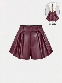 SHEIN MOD Women's High Waist Faux Leather Pleated Shorts,Elegant Winter Burgundy Chic Leather Look Shorts For Party,Brunch,Tea Party,Wedding Guest,Concert - Burgundy - View 6