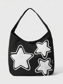 ROMWE Grunge Punk 1pc Nylon Fashion Personality Color Contrast Shoulder Bag Pentagram Commuter Tote Bag Suitable For Everyday Use - Black - View 1