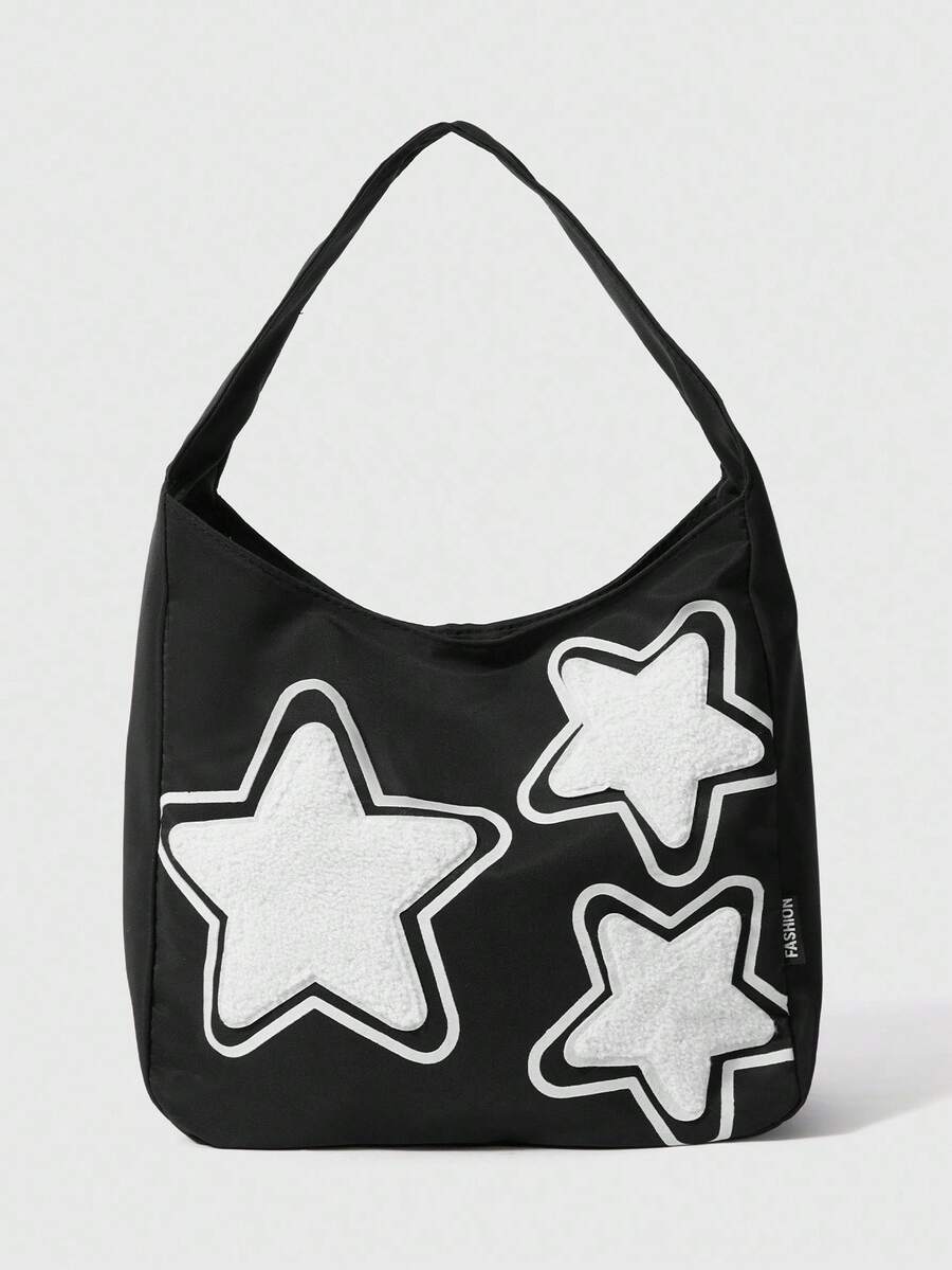 ROMWE Grunge Punk 1pc Nylon Fashion Personality Color Contrast Shoulder Bag Pentagram Commuter Tote Bag Suitable For Everyday Use - Black - View 1