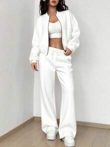 SHEIN Unity 女式休闲长袖上衣和裤子两件套服装 - 白色 - 查看 4