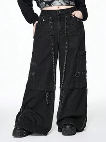 ROMWE Grunge Punk 大码街头朋克风格链条装饰宽松黑色牛仔裤，大码日常黑色牛仔裤，休闲女式下装，大码女式下装，秋冬街头时尚大码牛仔裤 - 黑色 - 查看 1