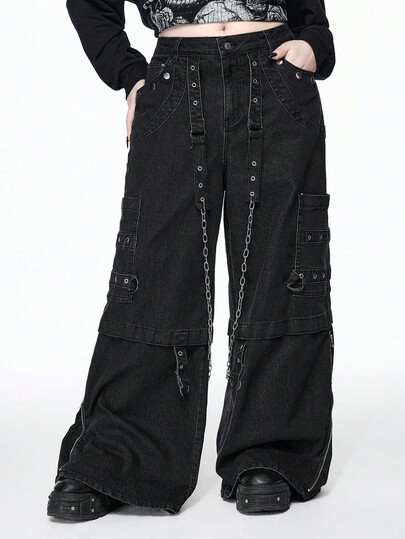 Grunge Punk Plus Size Street Punk Style Chain Decor Loose Fit Black Jeans, Plus Size Everyday Black Denim Pants, Casual Women Bottoms, Plus Size Women Bottoms, Autumn/Winter Street Fashion Plus Size Jeans