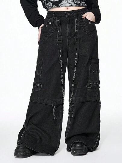 ROMWE Grunge Punk 大码街头朋克风格链条装饰宽松黑色牛仔裤，大码日常黑色牛仔裤，休闲女式下装，大码女式下装，秋冬街头时尚大码牛仔裤