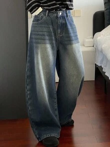 DAZY Vintage Loose Street-Style Washed Distressed Wide-Leg Women Jeans