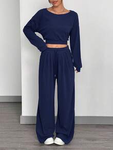 SHEIN EZwear 女款新款純色時尚長袖短版不對稱露肩上衣與長褲套裝 - 藏蓝色 - 查看 6