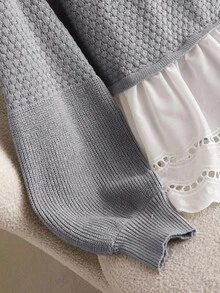 CosyJoli Pull ample décontracté à encolure ronde, taille cintrée, manches lanternes, patchwork, volants à l'ourlet