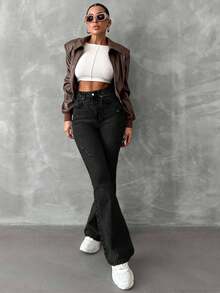 EURMUSE 98%Cotton Women's Flared Ripped Jeans - Black - View 4