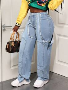 BamGleam Jeans casuales anchos de cintura alta con bolsillos y diseño deshilachado para mujer - Lavado ligero - Ver 8
