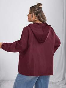 SHEIN CURVE+ 大码女式纯色落肩长袖拉链半开襟连帽休闲夹克，秋冬秋季/秋冬